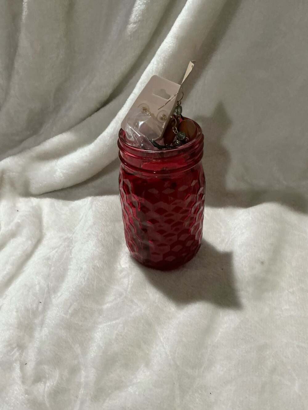 Red Quilted Glass Decorative Jar with Assorted Jewelry